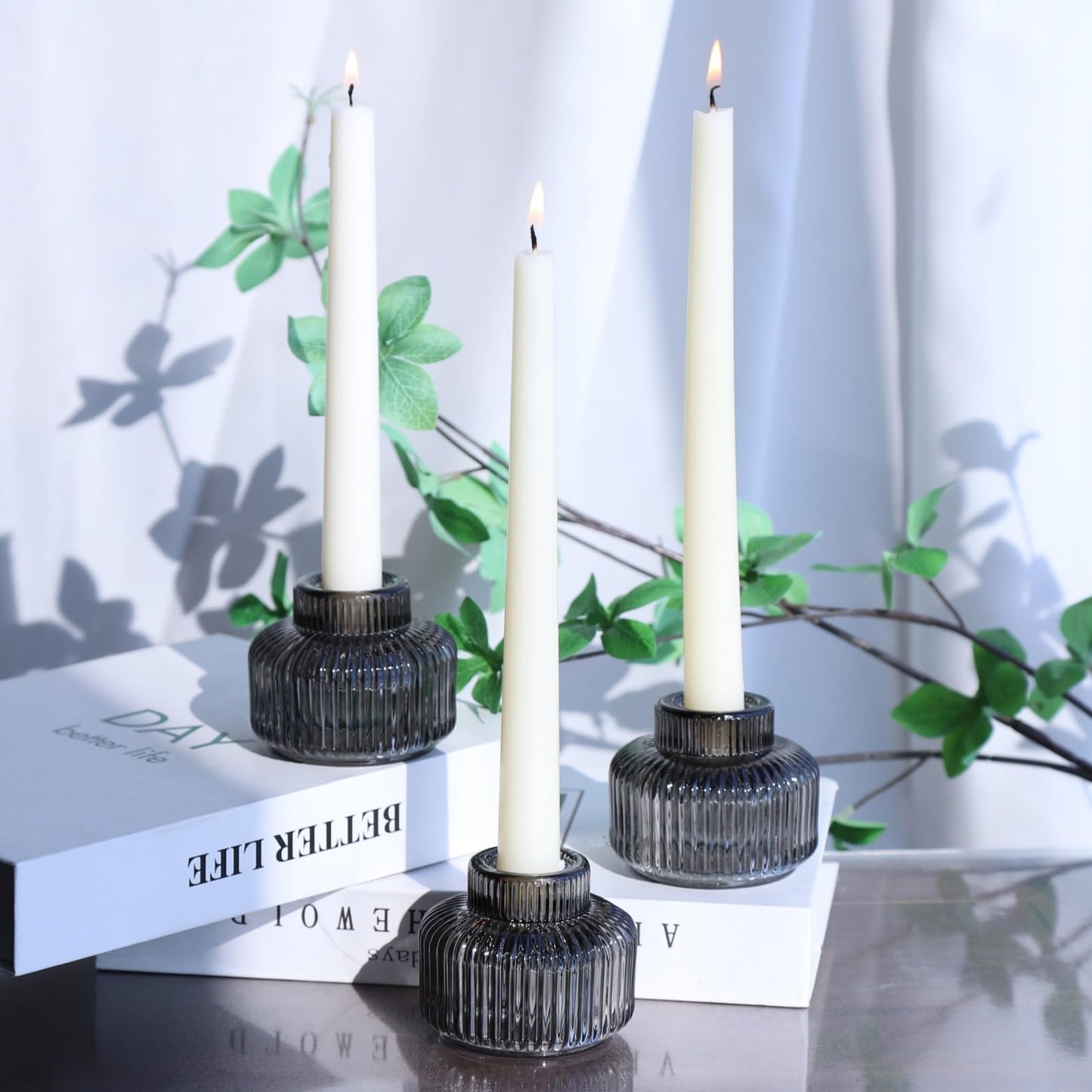 Woho Smoky Grey Candlestick Holders Set of 4 for Votives/Tea Lights, Ribbed Glass Taper Candle Holders for Table Centerpiece, Reversible Candle Sticks Holder Decor for Daily Home Decor