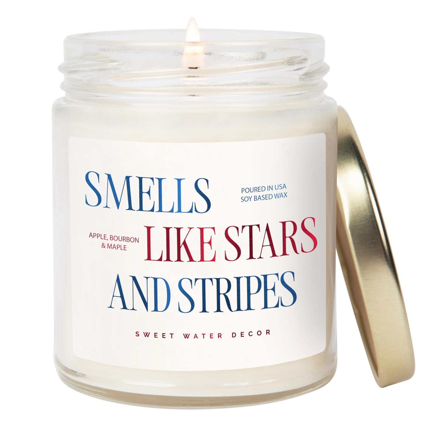 Sweet Water Decor Patriotic Candle, Smells Like Stars and Stripes, 4th of July Decoration, Apple Maple Bourbon Scented, Non-Toxic Soy Wax Candle, 9oz Glass Jar, 40 Hour Burn Time, Poured in the USA