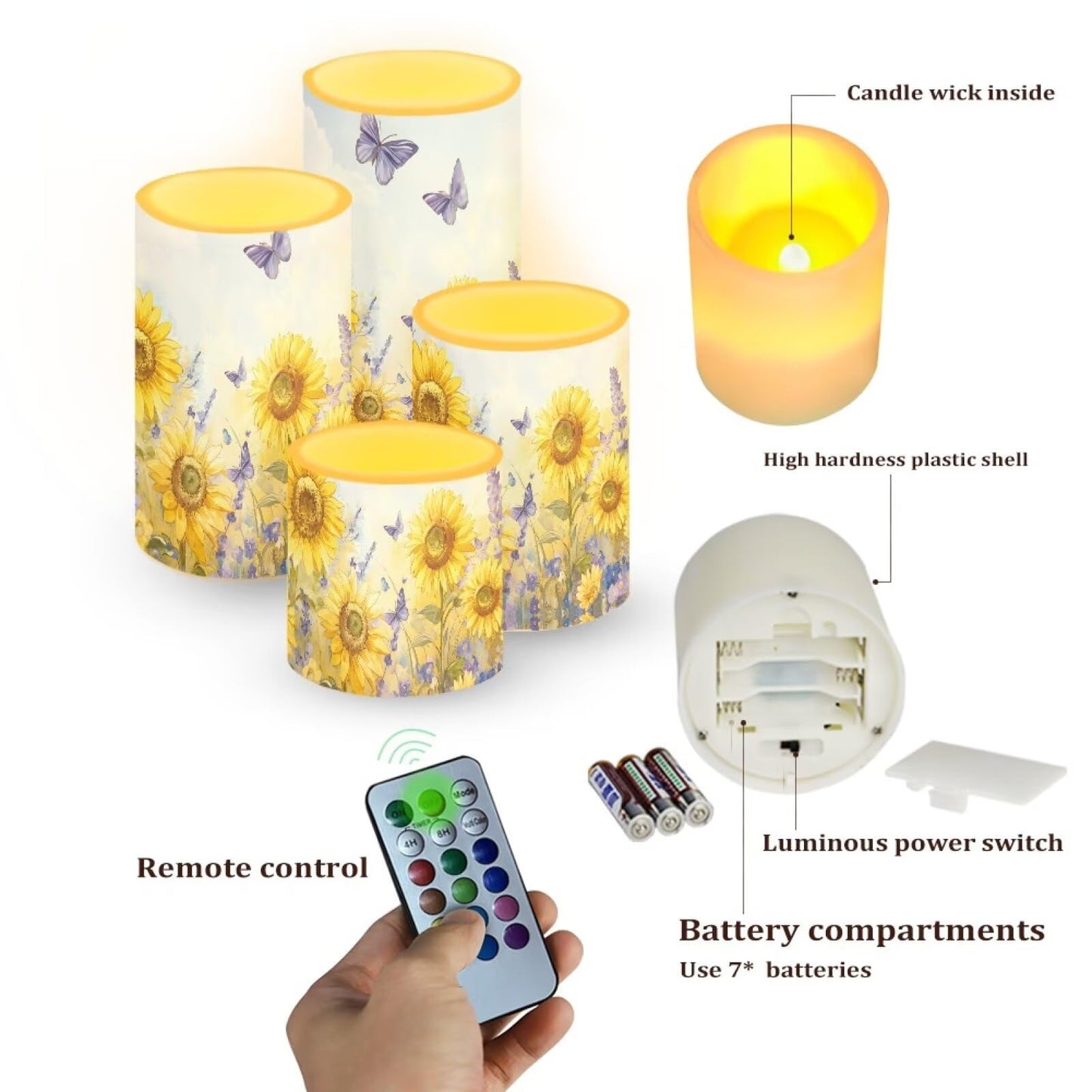 Cozeyat Sunflower Butterfly Flameless Candles 4 Pack Battery Operated LED Pillar Candles with Remote Timer Flickering Waterproof for Garden Beach Wedding Birthday