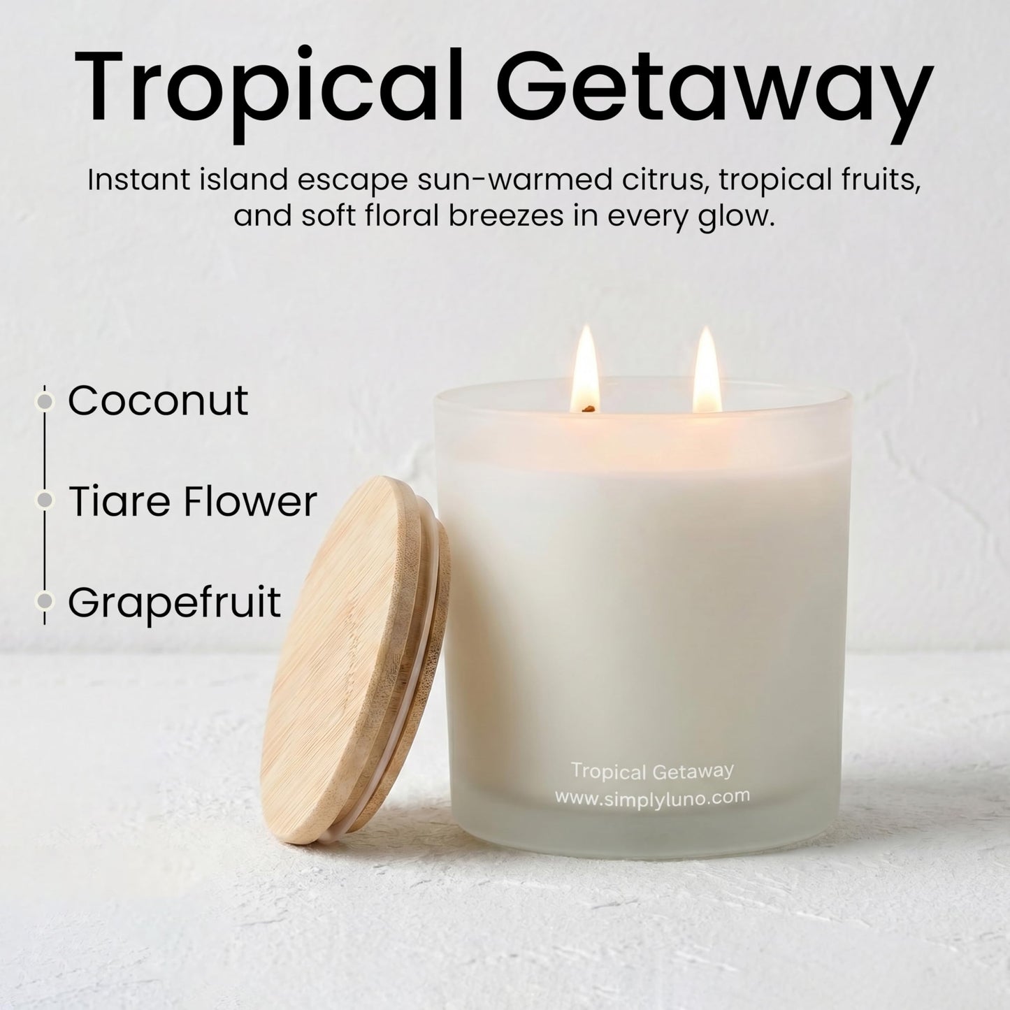 Tropical Getaway Coconut & Grapefruit Scented Candle | 14oz Soy Wax | 50+ Hour Long Lasting Burn | Reusable Glass Candle Jar with Bamboo Lid & Eco Friendly Gift Box |Luxury Scented Candle for Home