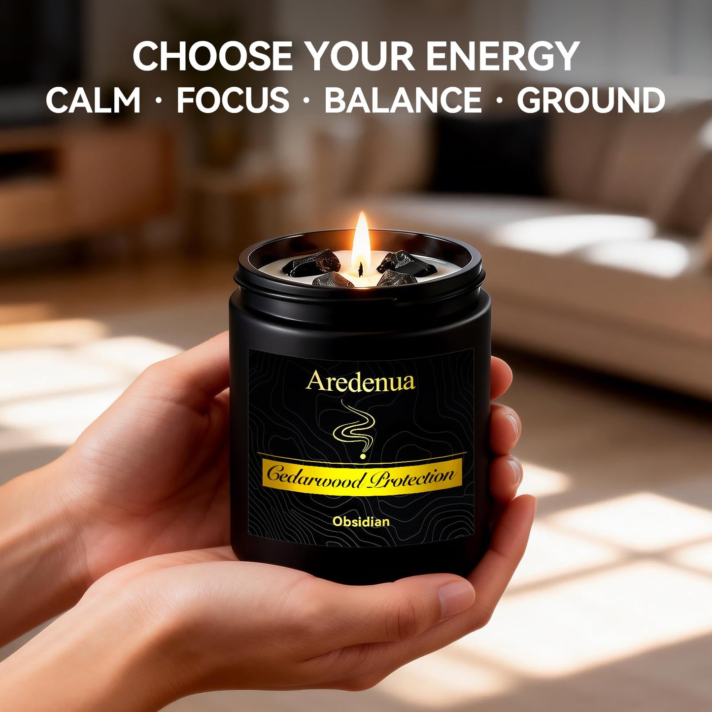 Aredenua Scented Candle with Crystal for Emotional Protection and Grounding - Cedarwood Aromatherapy Candle with Obsidian Healing Crystals, Natural Soy Wax 7oz, Strength Gift for Women Men