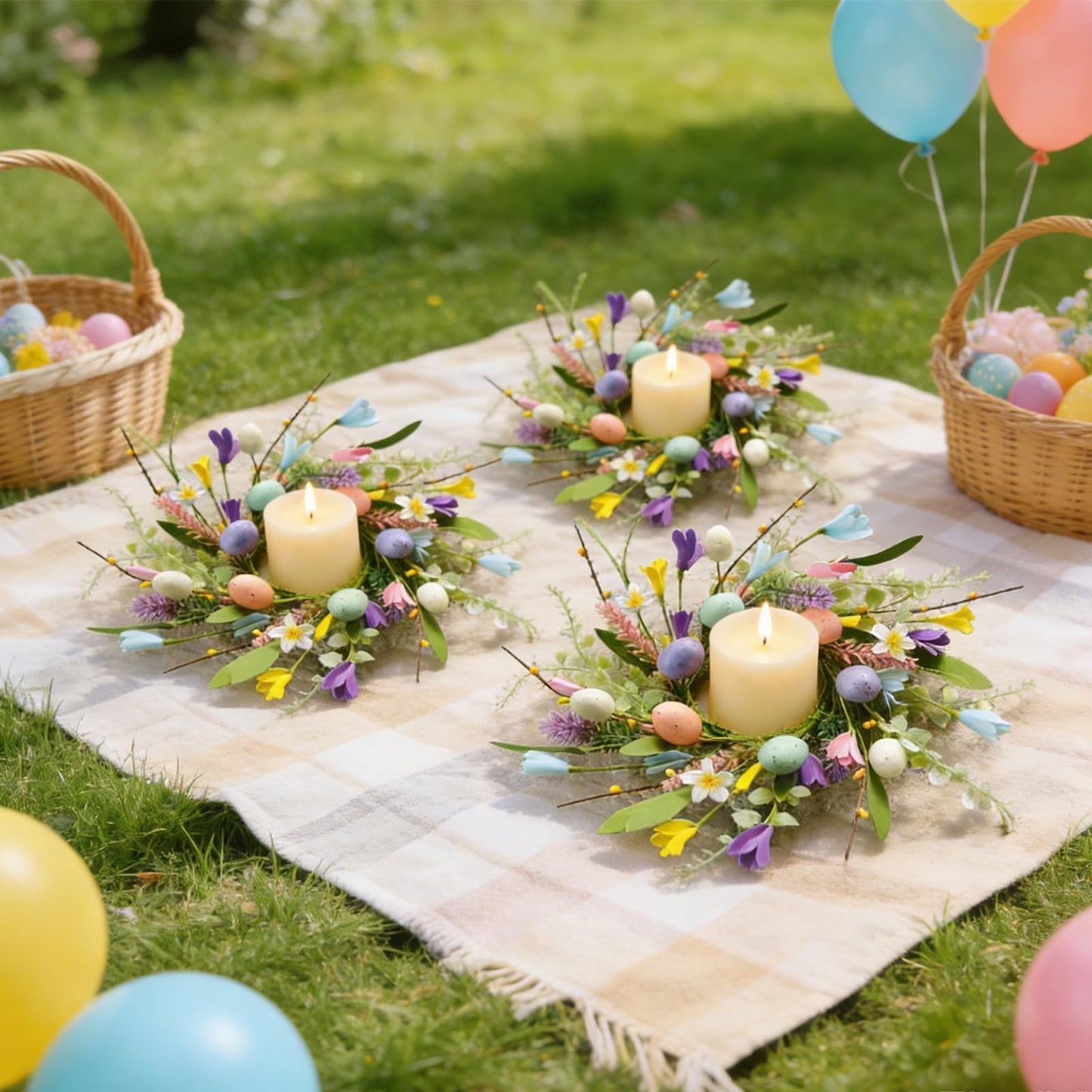 6 Pcs Easter Small Candle Rings Wreaths Mini Pillar Candle Holder Wreath with Eggs and Flowers Artificial Spring Yellow Berries Wreath for Home Kitchen Front Door Window Porch Wall Table Cnterpieces