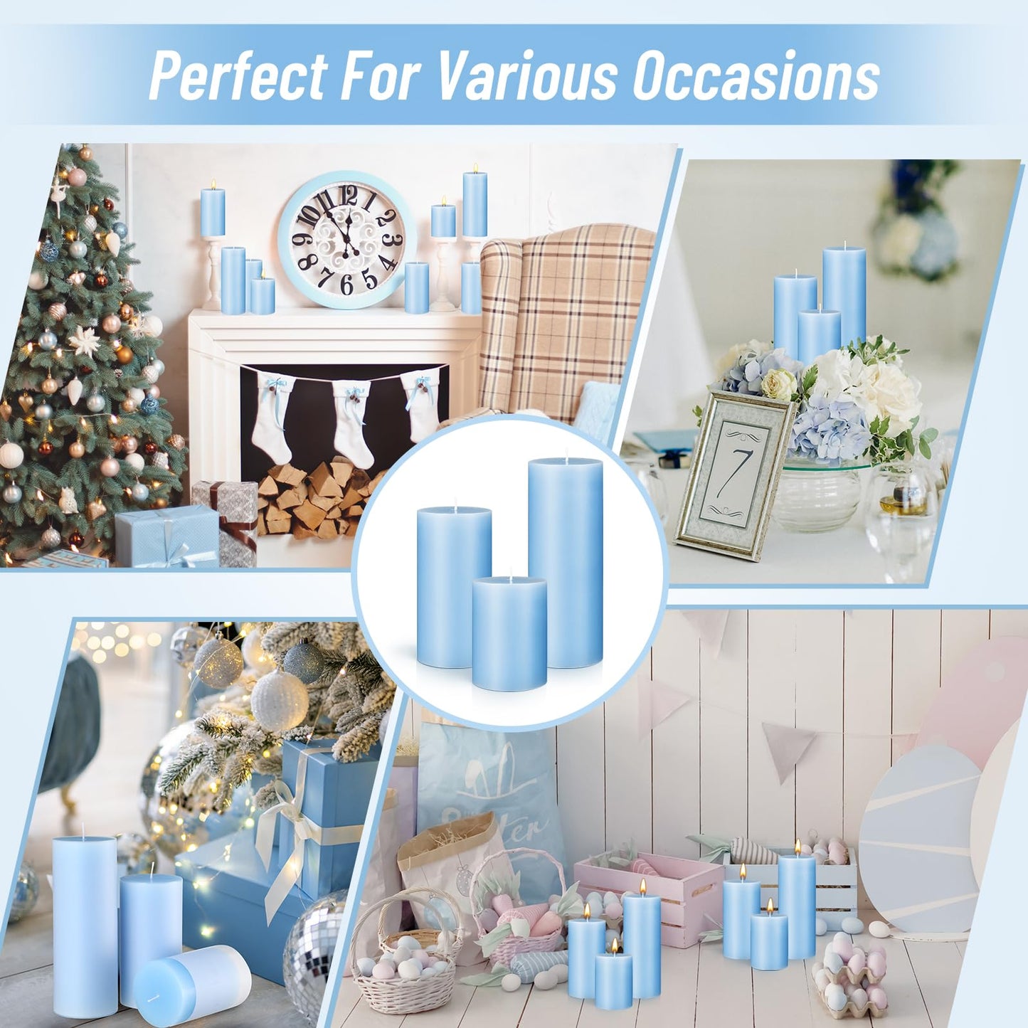 Sumind Set of 12 Pillar Candles Bulk 3"x 4", 6", 8" Dripless Unscented Poured Candles Long Clean Burning Tapers for Wedding Rustic Party Spa Bath Home Decor Relaxation All Occasions(Blue)