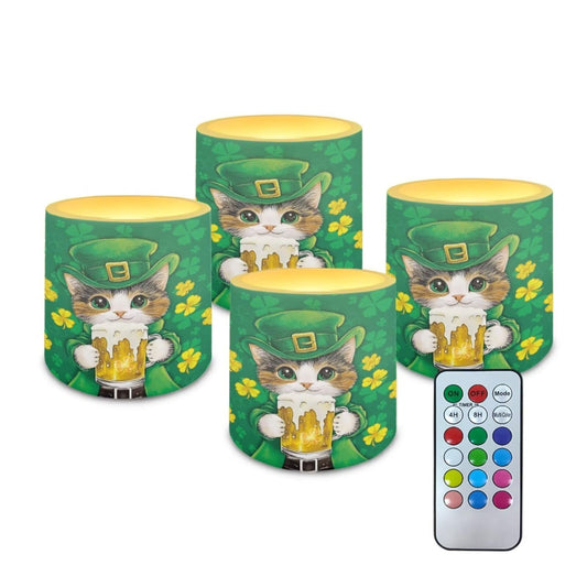 Merkmak St Patrick's Day Flameless Candles with Remote Battery Operated LED Pillar Candles with Timers Tea Lights for Party Home Living Room Decor, Cat Shamrocks Print