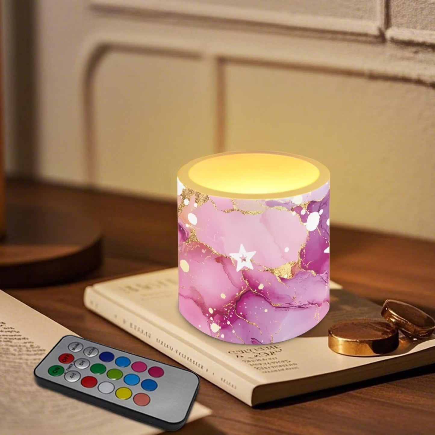 Cozeyat Floral Marble LED Candles Set of 4 Battery Powered Flameless with Remote Timer Flickering Flame Waterproof for Home Beach Garden Decor