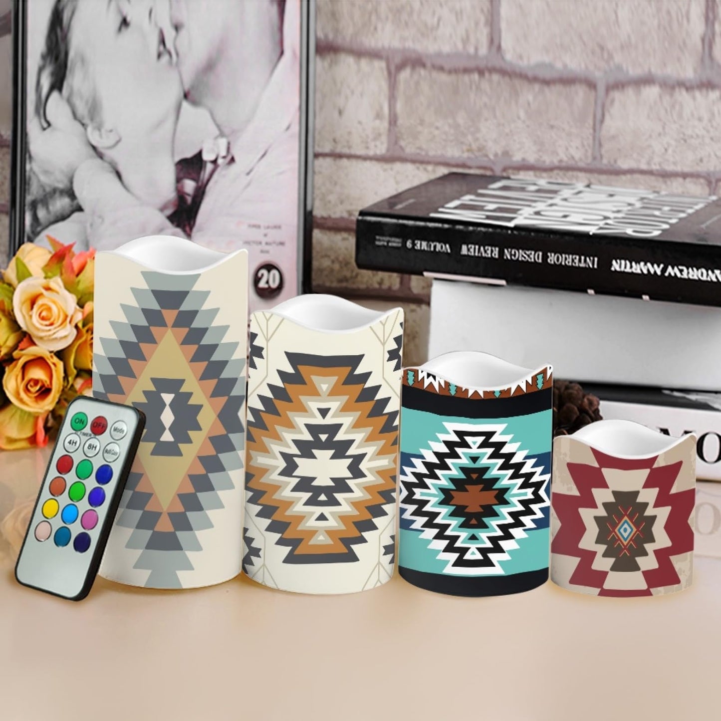 Psesaysky Aztec Flameless Candles Fake Pillar Candles LED Battery Operated Flameless Candles with Remote Color Changing & Timer Ambient Lighting 4 Packs