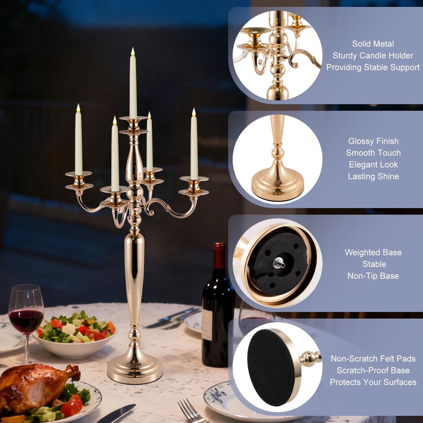 Vincidern 28'' Tall Gold 5 Arm Candelabra Centerpieces for Table, 4pcs Taper Candle Holder for Wedding Decoration, Party, Event, Christmas Candelabra