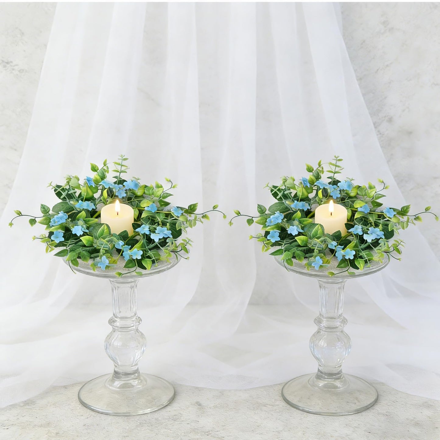 6 Pcs Small Spring Summer Candle Ring Wreaths with Artificial Green Leaves and Trailing Vines Mini Candle Holder Wreath with Blue Flowers for Home Kitchen Table Centerpieces Front Door