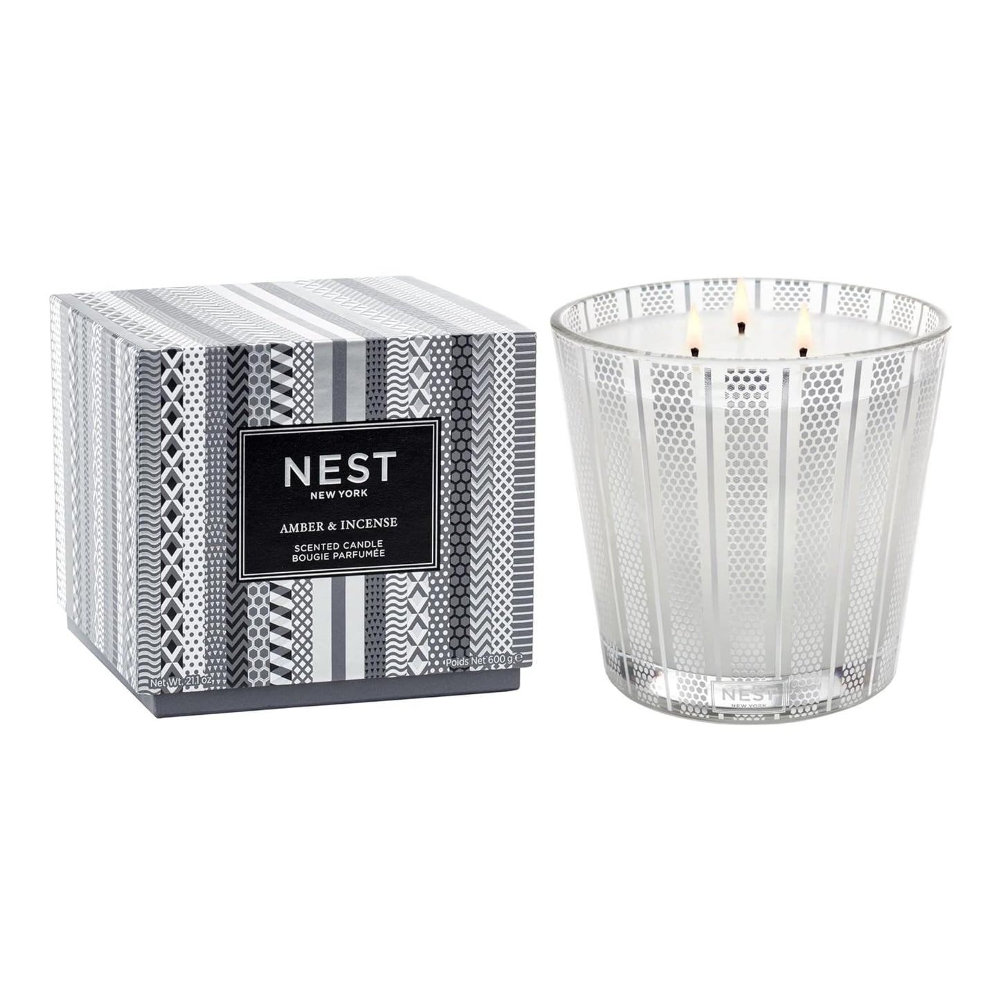 NEST New York Scented 3-Wick Candle, Amber & Incense - 21.2 oz - Up to 100-Hour Burn Time - Reusable Glass Vessel