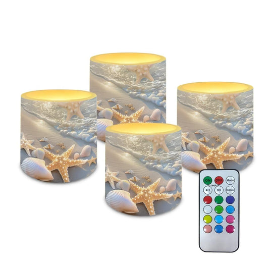 NETILGEN Beachside Starfish Print Flameless Candles 4 Packs for Home Decoration Battery Operated Color Changing LED Pillar Candles with Timer Remote Control