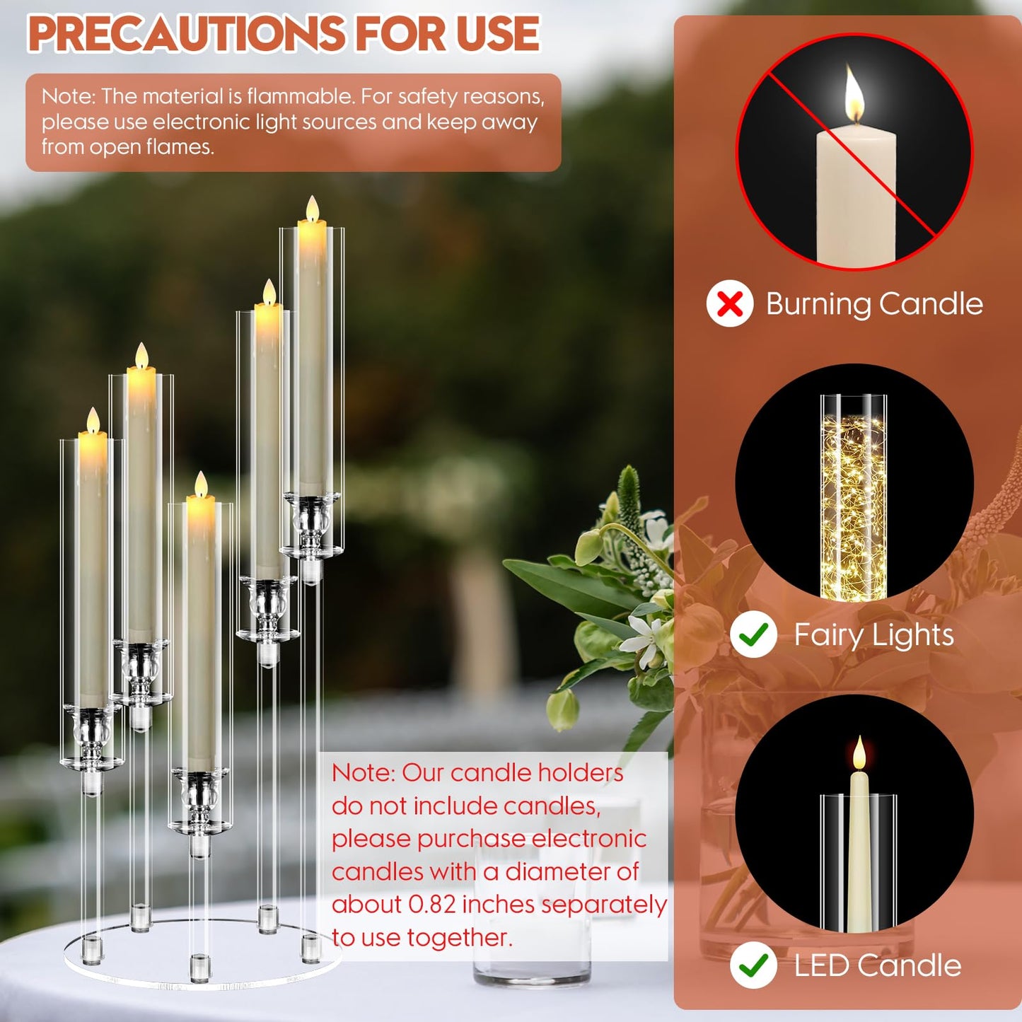 8 Set 5 Arm Acrylic Candle Holder, Mjkeomo 22'' Tall Candelabra Centerpieces for Tables, Candlesticks Holder with Lampshade for Housewarming Gift Fireplace Dinner Decor Fit 0.82'' LED Candle