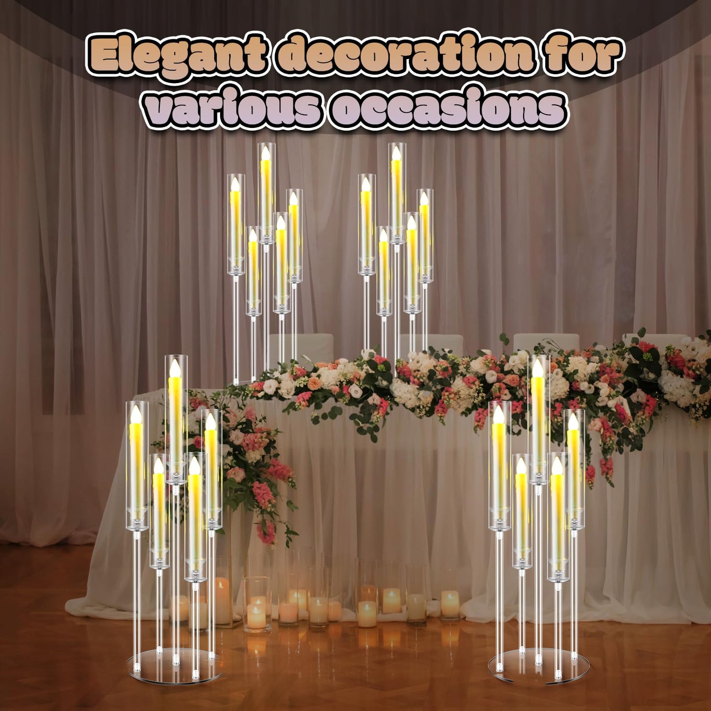 FoldTier 8 Sets 5 Arm Acrylic Candelabra Holder for Wedding Table Centerpiece 27inch Tall Floor Clear Candle Centerpieces with LED Candles and Shade for Proposal Ceremony Birthday Party Home Decor