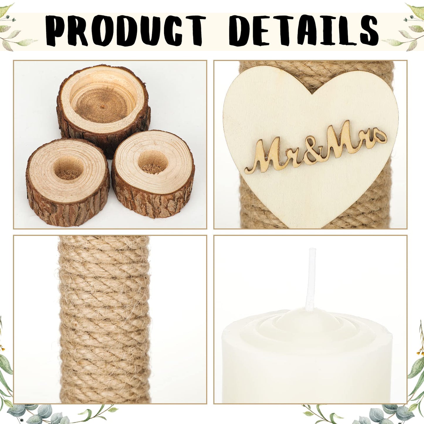 Amyhill 3 Pcs Rustic Unity Candles for Wedding Ceremony Set Mr and Mrs Burlap 1(5.9'') Pillar 2(9.8'') Taper Candles for Weddings Ceremony Events Decor Emergency Lighting(Romantic Style)