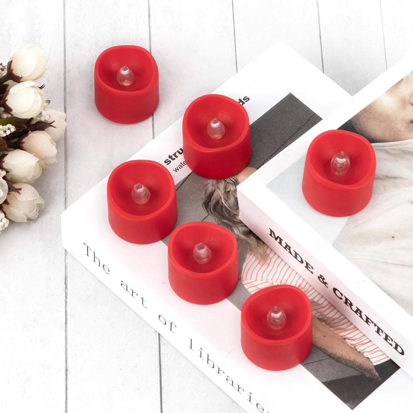 Windshell Red Flickering Flame Tealight Candles with Auto 6H Timer (No Remote), Battery Operated LED Flameless Tea Lights for Wedding Party Christmas, 12 Pack
