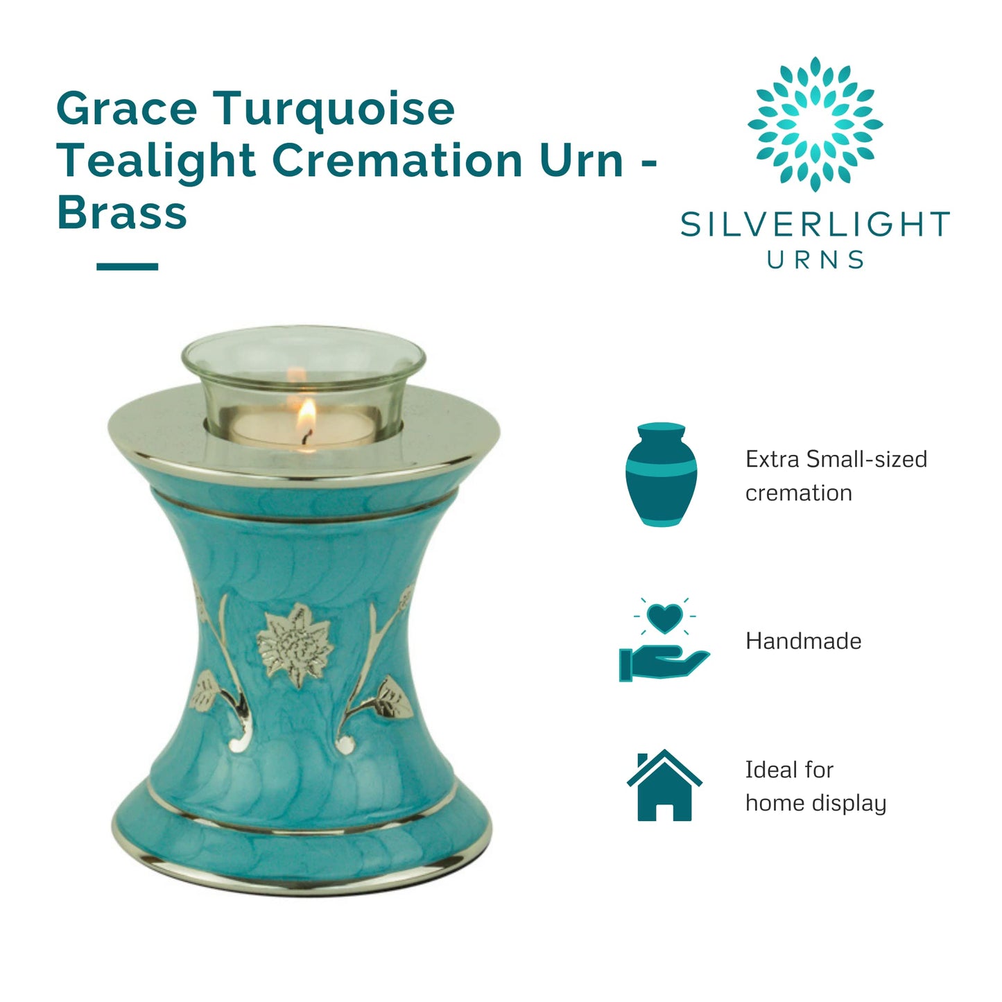 Grace Turquoise Tealight Cremation Urn for Ashes, Brass Memorial Candle, Blue Green, Extra Small Size, 5.5 Inches High