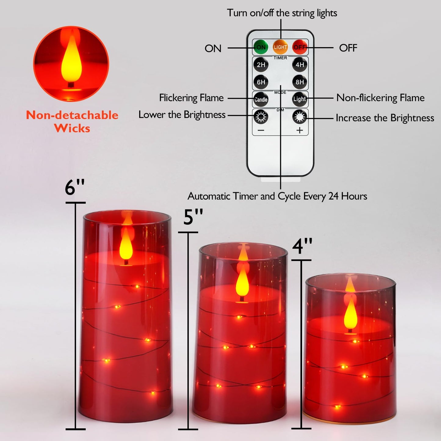Amagic Red Flameless Candles 3 Set, Flickering Battery Operated Candles Embedded Fairy String Light, Realistic Pillar Candle with Remote Control and Timer, Acrylic, D3 x H4 5" 6"