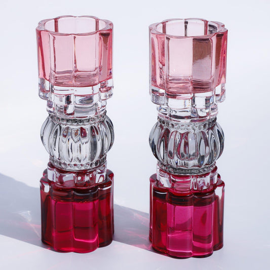 VOHO Pink Candle Holder for Valentines Day Decorations, Set of 2 Heavy Glass Votive Candle Holders Decor for Room Table, Romantic Tealight Candle Holder Gifts for Her(7.87x2.75 in W/H, Shades of Pink)