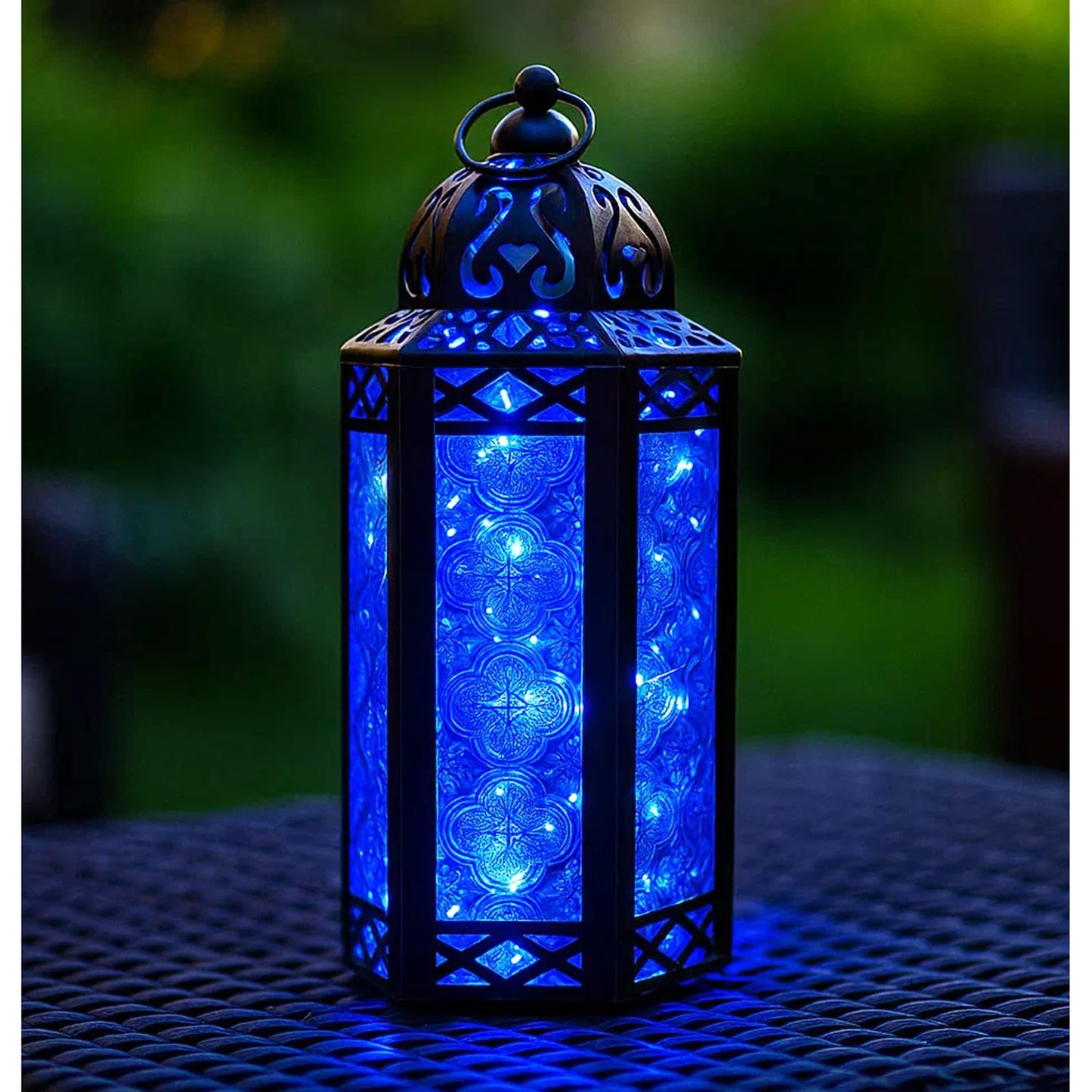 Vela Lanterns Decorative Indoor Moroccan Candle Holder & LED Fairy Lights -Twinkle Turkish Lamp, Fantasy Home Decor Table Centerpieces, Hanging Outdoor Patio Porch Wedding Ramadan (10.5", Blue)