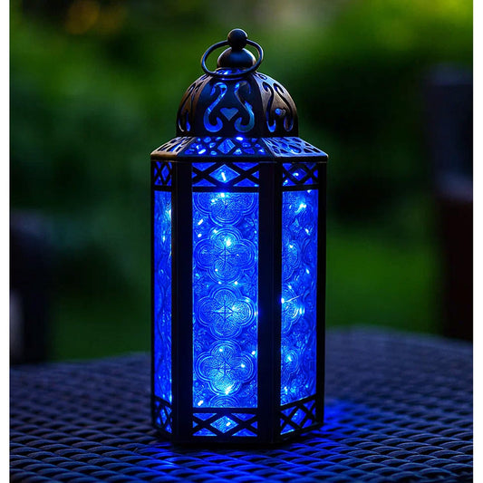 Vela Lanterns Decorative Indoor Moroccan Candle Holder & LED Fairy Lights -Twinkle Turkish Lamp, Fantasy Home Decor Table Centerpieces, Hanging Outdoor Patio Porch Wedding Ramadan (10.5", Blue)