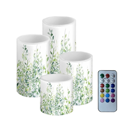 NETILGEN Flameless Light Candles 4 Pack Battery Operated with Color Changing Timer Remote Control Fake Pillar Candles Tealights Beach Wedding Home Indoor Decor, Leaf Green White