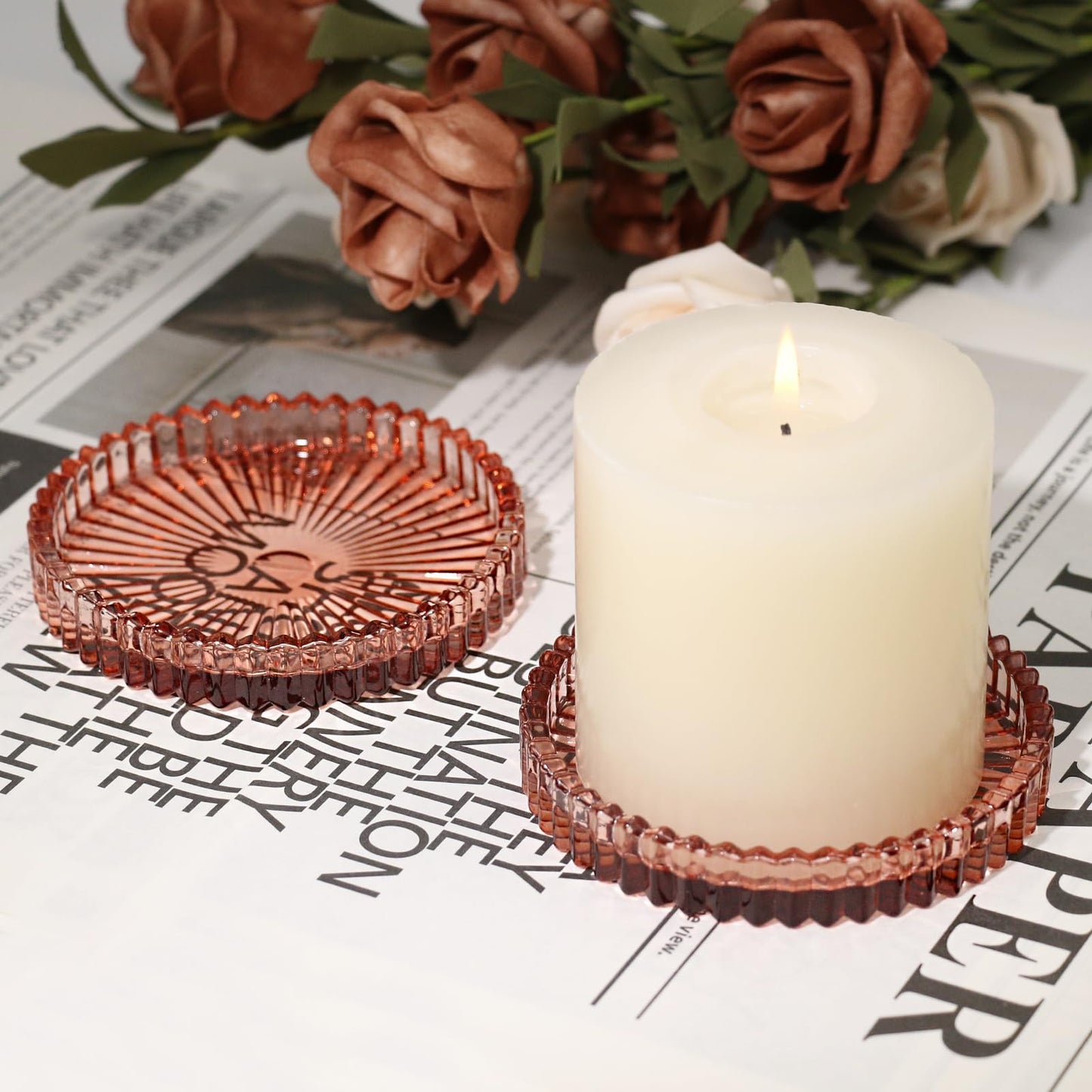 CHOCSTAY Glass Pillar Candle Holder, 4" Candle Plates Set of 3, Glass Candle Holders for Wedding, Party, Holiday, Home Decor, Table Centerpiece