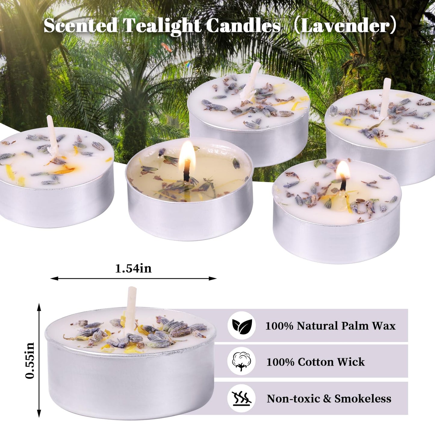 Lavender Scented Tealight Candles 16 Pack - 4-Hour Palm Wax White Tea Lights, Plant Dried Flower Scented Tea Candle (Paraffin-Free), Votive Candles for Home/Yoga/Bath/Meditation