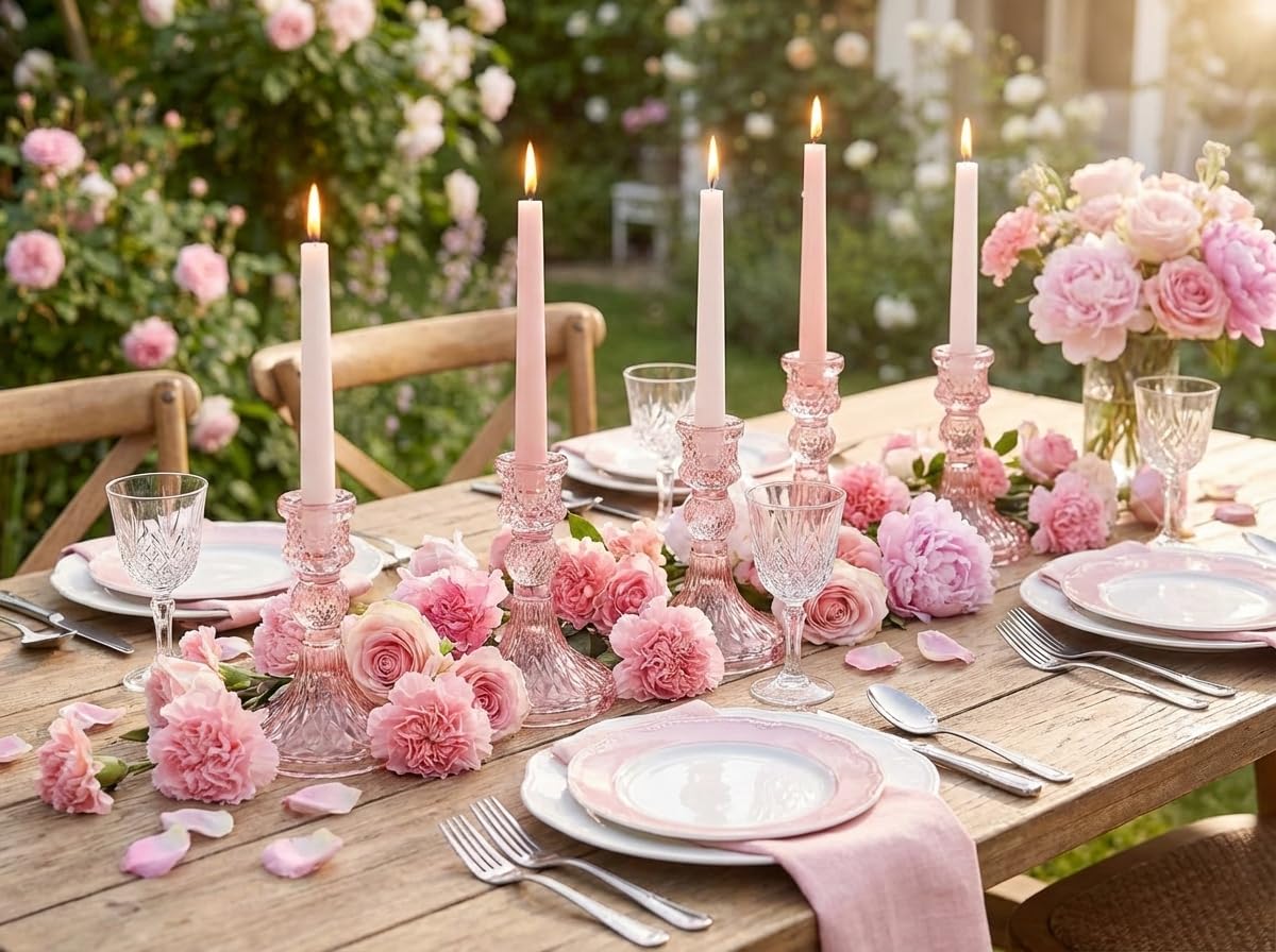 Simeitol Glass Candle Holder Set of 12, Pink Taper Candle Holders Bulk, Vintage Candlestick Holders, Candle Stick Holder for Table Centerpieces, Wedding & Mother's Day