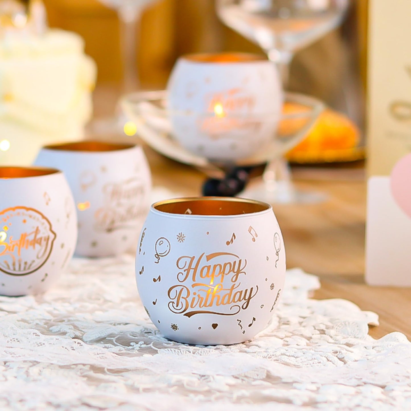 Happy Birthday Decorations White Glass Tealight Votive Candle Holders Set of 4, Birthday Gift Decor with Balloon Carvings, Birthday Party Centerpieces Table