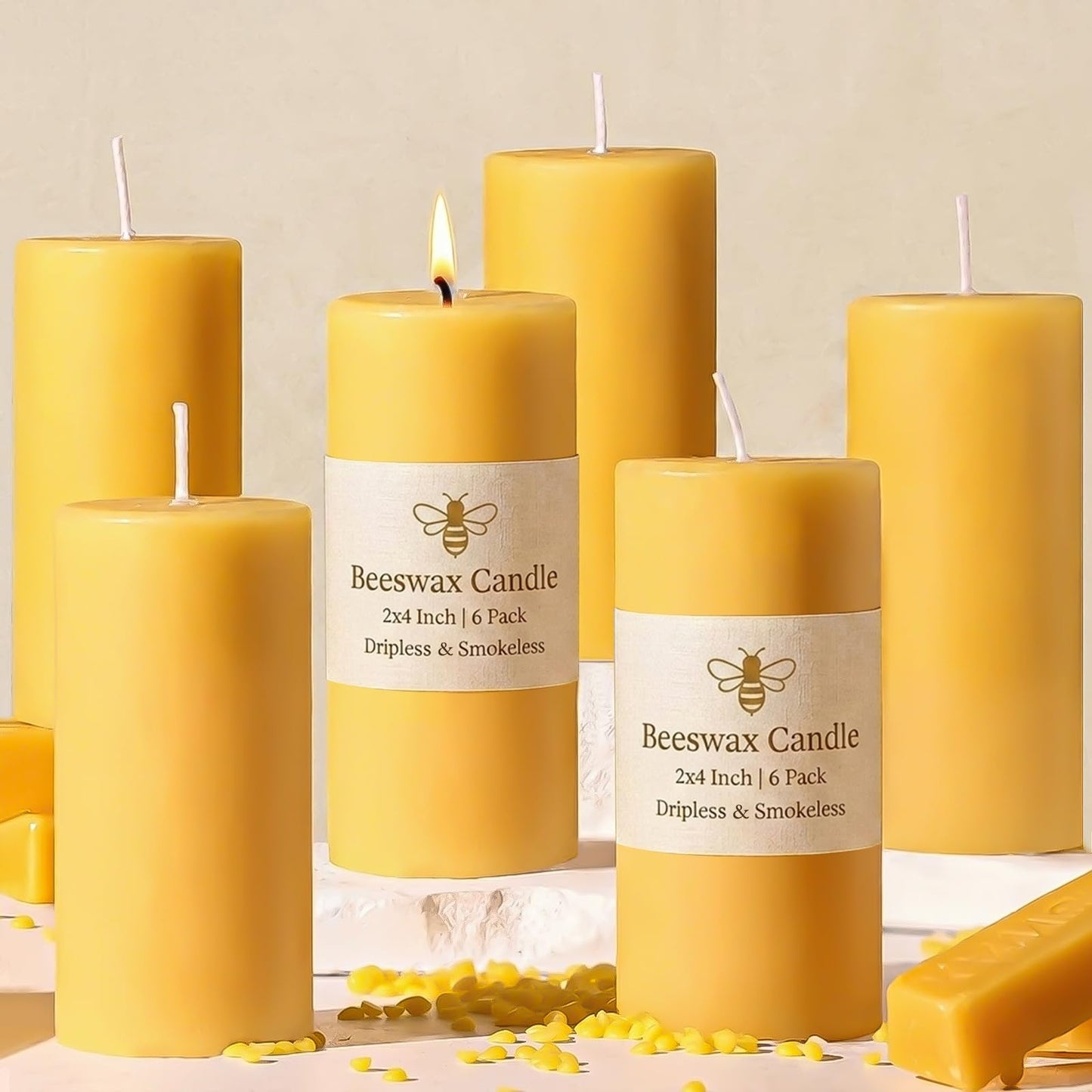 6 Pack Beeswax Pillar Candles for Home, Pure Natural Beeswax Candles Emergency Candle for Home, 210 Hours Organic Unscented Bees Wax Pillar Candle for Prayer, Dripless & Smokeless (2x4in)