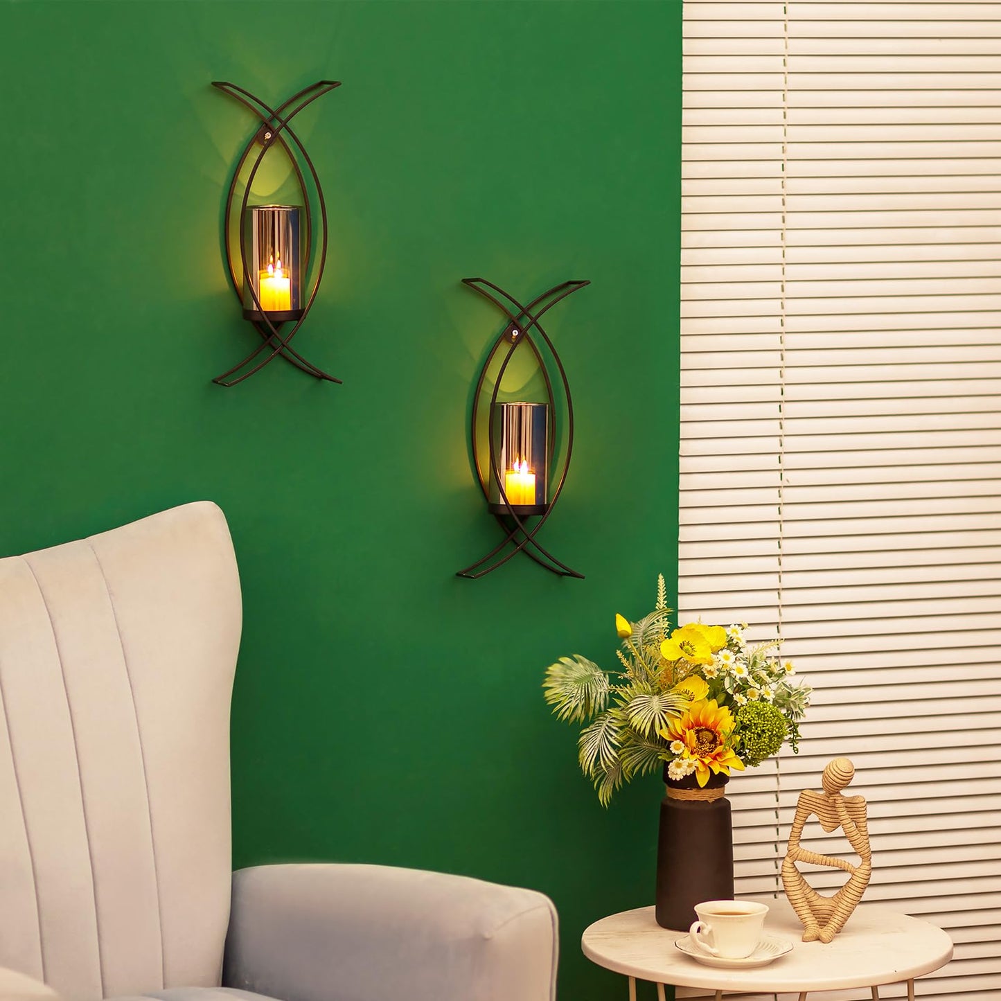 Walasis Black Candle Sconces Decorative Wall Art Set of 2 - Hurricane Candle Wall Sconce Decor Iron Two Modern Wall Candle Holders for Indoor Fireplace Kitchen Dining Room