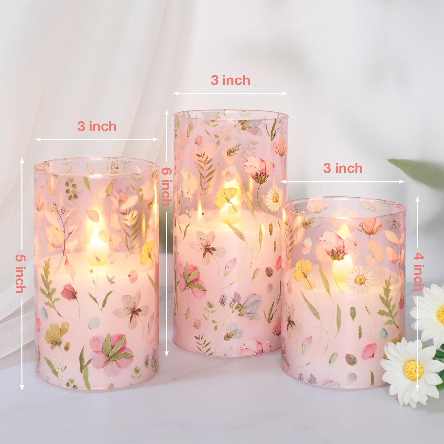 Crystal Club Flameless LED Candles with Remote Timer, Pink Floral Glass Battery Operated Candles, 3 Pack Realistic Flickering Pillar Candles for Wedding Home Centerpiece Decoration