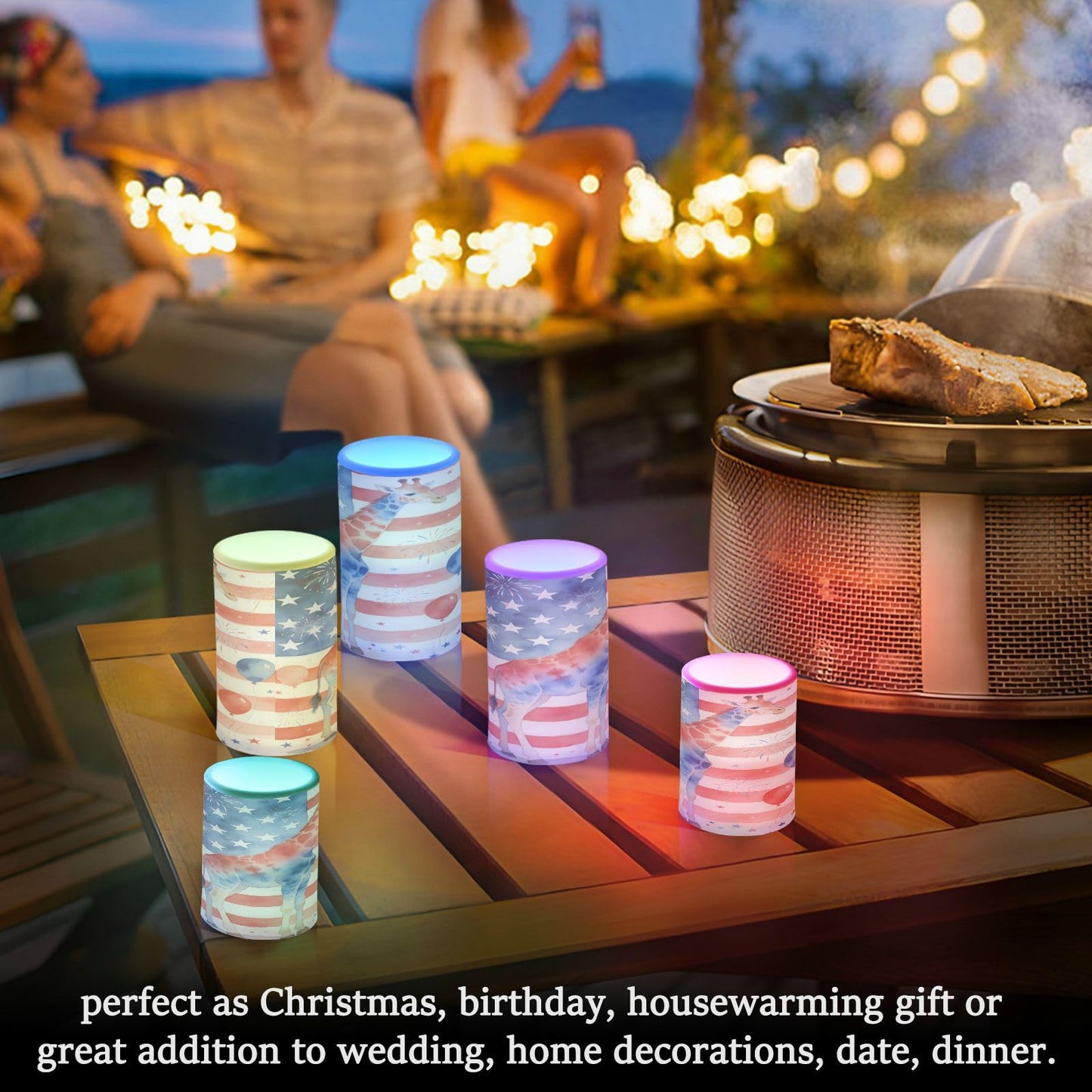 JULYTO Flameless Candles with Remote and Timer Pillar Set of 2 Flag Giraffe Fireworks Flickering Led Battery Operated Candles for Home Holiday Party Wedding (Not Include Battery),
