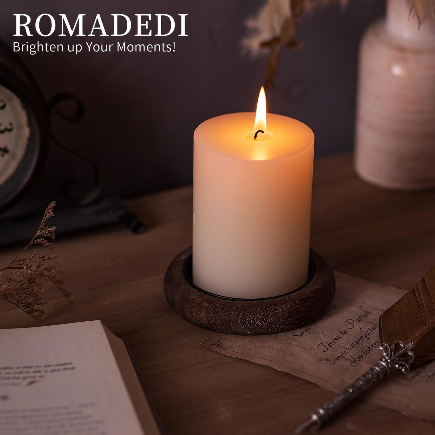 Romadedi Wood Candle Holder Farmhouse Decor - Pillar Candle Holders for Table Centerpiece Small Tray Riser Set of 4 Round Wooden Plate Pedestal Stand for Coffee Table Home Living Room, Brown