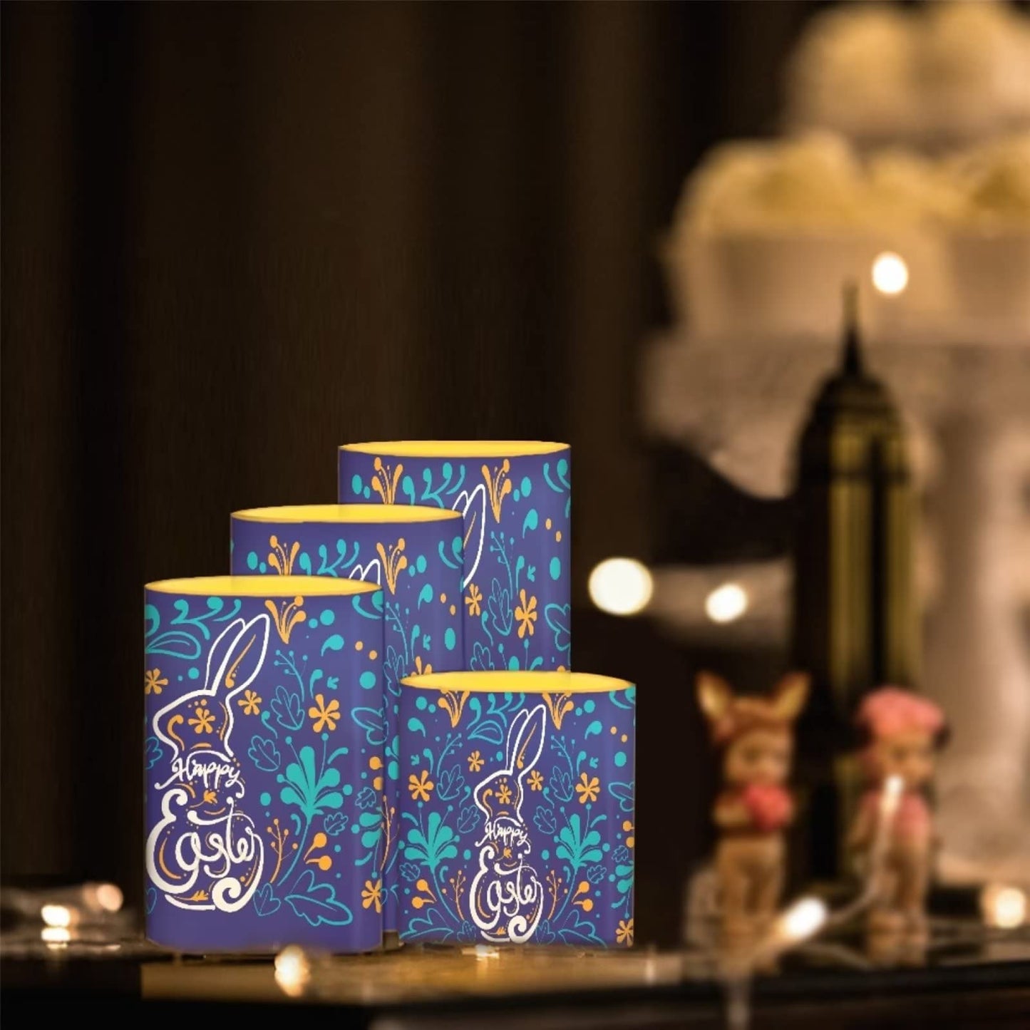 Cozeyat 4 Pieces Easter Flickering LED Candles Decor,Tea Lights Battery Operated,Rabbit Pattern Realisitc Warm Yellow Tealights with Remote Timers for Birthday Party Wedding