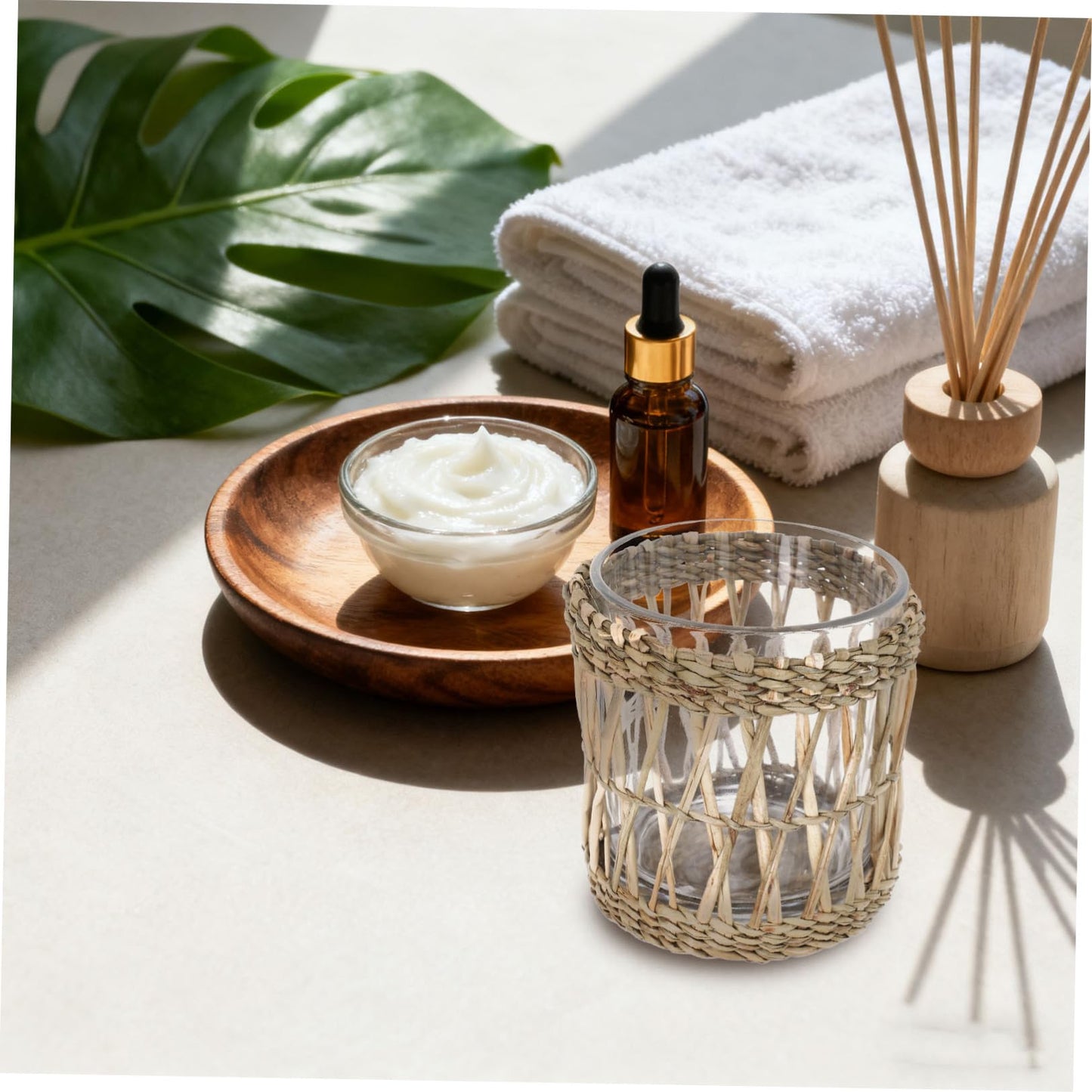 INOOMP Glass Candle Holder with Straw Woven Sleeve, Elegant Tea Light Candleholders for Desktop and Banquets, Aromatherapy and Home Decor, Party and Wedding Table Centerpiece