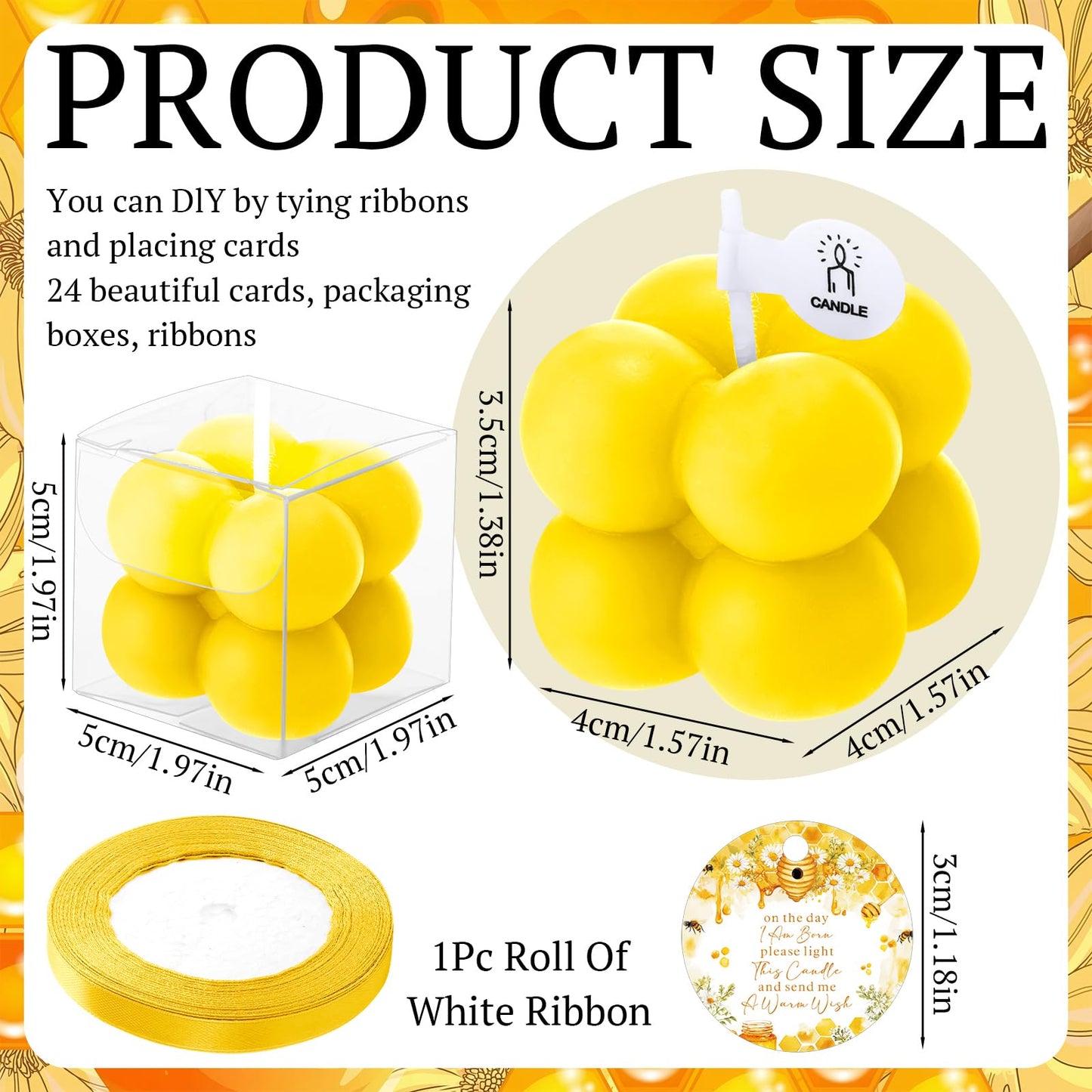 MTLEE 24 Sets Bee Baby Shower Favors Party Candle Small Bubble Candle Baby Shower Favors for Guests Tea Candles Bulk with Stylish Ribbons Cards Gifts (Yellow, Bee)