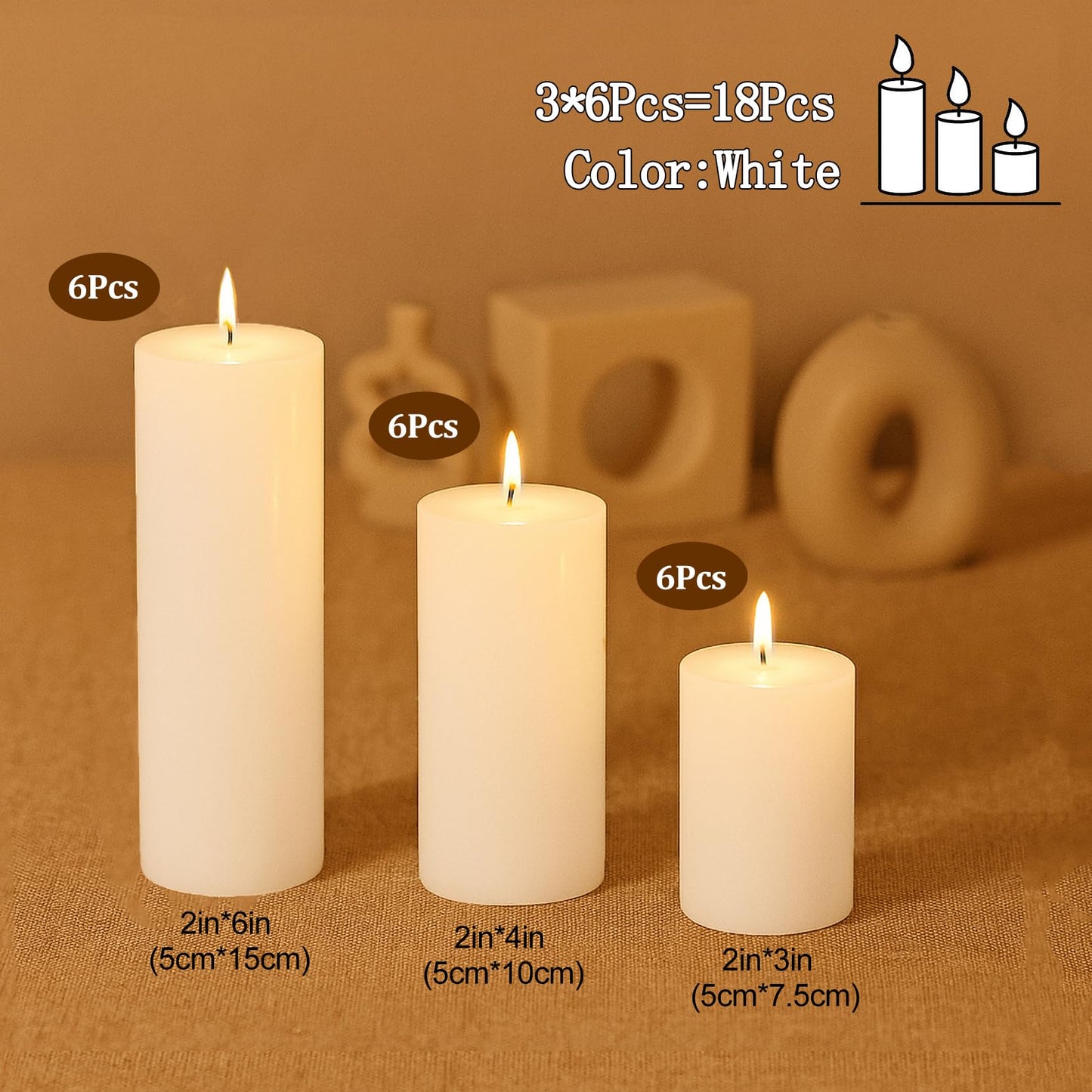Veiuwa 18 Pcs White Pillar Candles Bulk Set，2x3 2x4 2x6 Inch - 12 Each Size，Hurricane Candles，Dripless Unscented Smokeless，Gives You a Better Atmosphere When Organizing an Event Party.