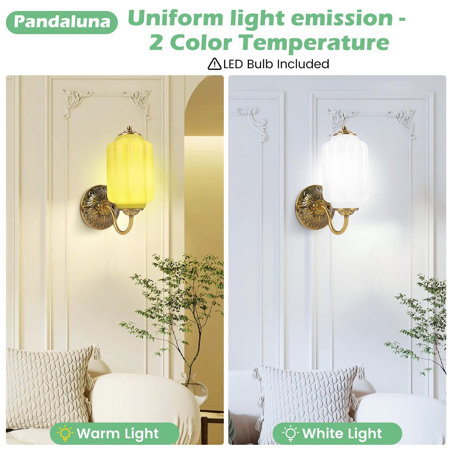 Pandaluna Vintage Wall Sconce, White Milk Glass Light Fixture, 5.5In Art Deco Antique Wall Sconce for Bedroom Bathroom Living Room Hallway Entryway, E12 LED Bulb Included, Antique Gold & White 2 Pack