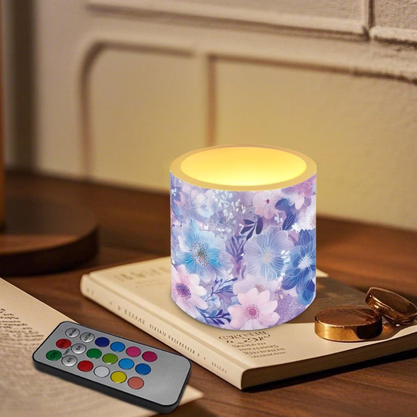 Cozeyat Purple Floral Flameless Candles 4 Pack Battery Operated with Remote Control Timer LED Pillar Candles Waterproof for Indoor Outdoor Home