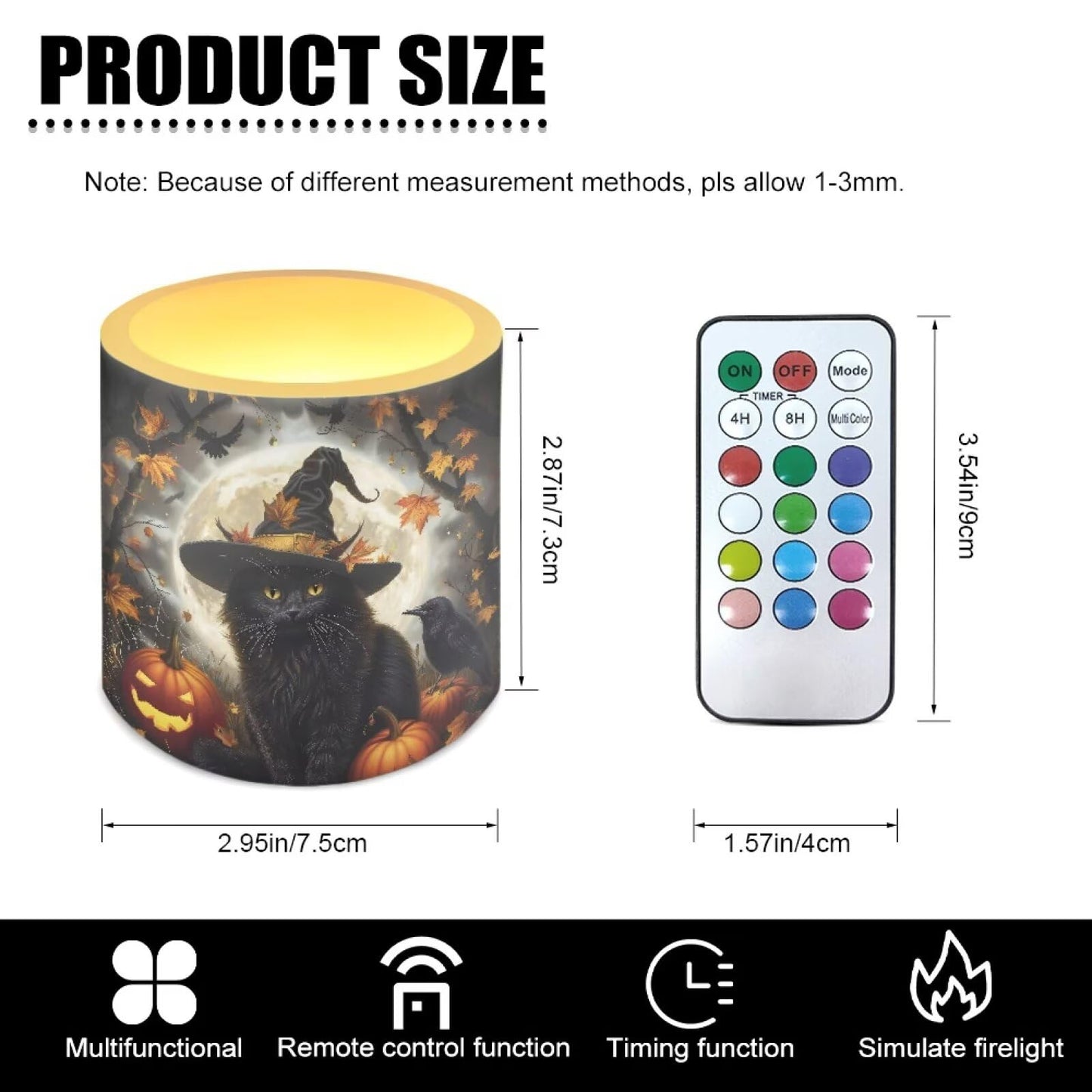 Merkmak 4Pcs Halloween Flameless Candles with 18-Key Remote Battery Operated Candles with Timer, Moon Black Cat Pumpkin LED Pillar Tea Lights for Party Banquet Home Decoration