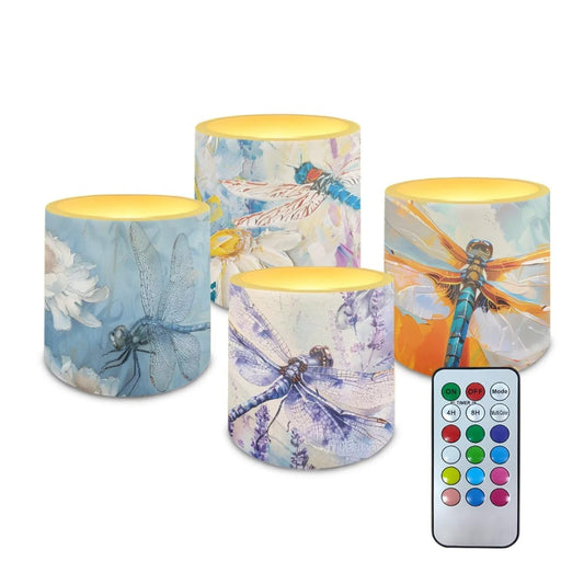 NETILGEN Daisy Flower Dragonfly 4 Pcs Flameless Candles with Remote Timer Color Changing Battery Operated LED Pillar Flickering Candles for Home Decor