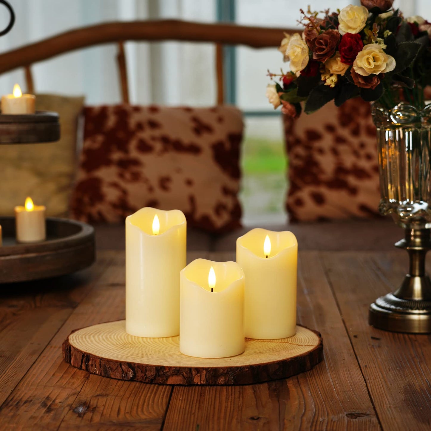 Homemory Flickering Flameless Candles, Realistic LED Candles with Remote and Timer, Real Wax Battery Operated Candles, Set of 3, Ivory