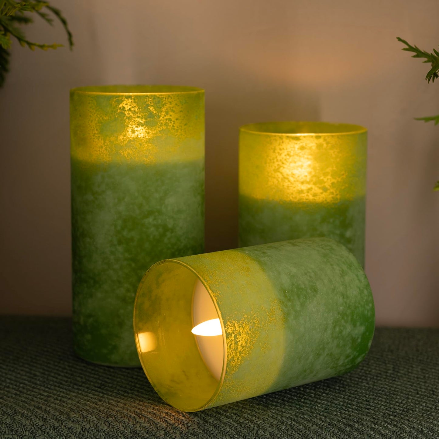 HJANDHJ Green Flameless Candles with Timer - Glass Battery Operated LED Candles with 10-Key Remote, Ocean Theme Green Sandblast Flickering Real Wax Pillar Candles for Home Weddings Decor