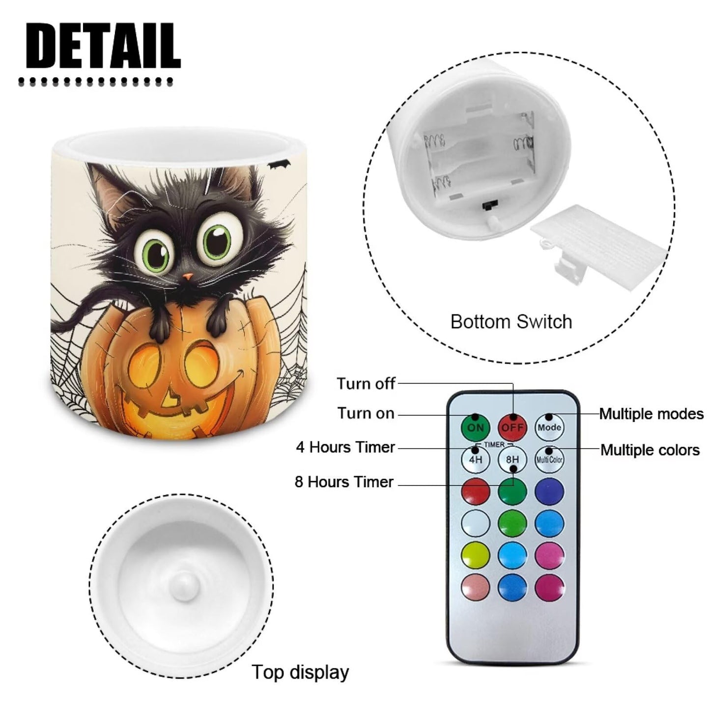 Merkmak Pack of 4 Halloween Flameless Candles with Remote Battery Operated Candles with Timer Flickering LED Elictric Pillar Tealights for Indoor Outdoor Home Decor, Spider Web Black Cat Bat