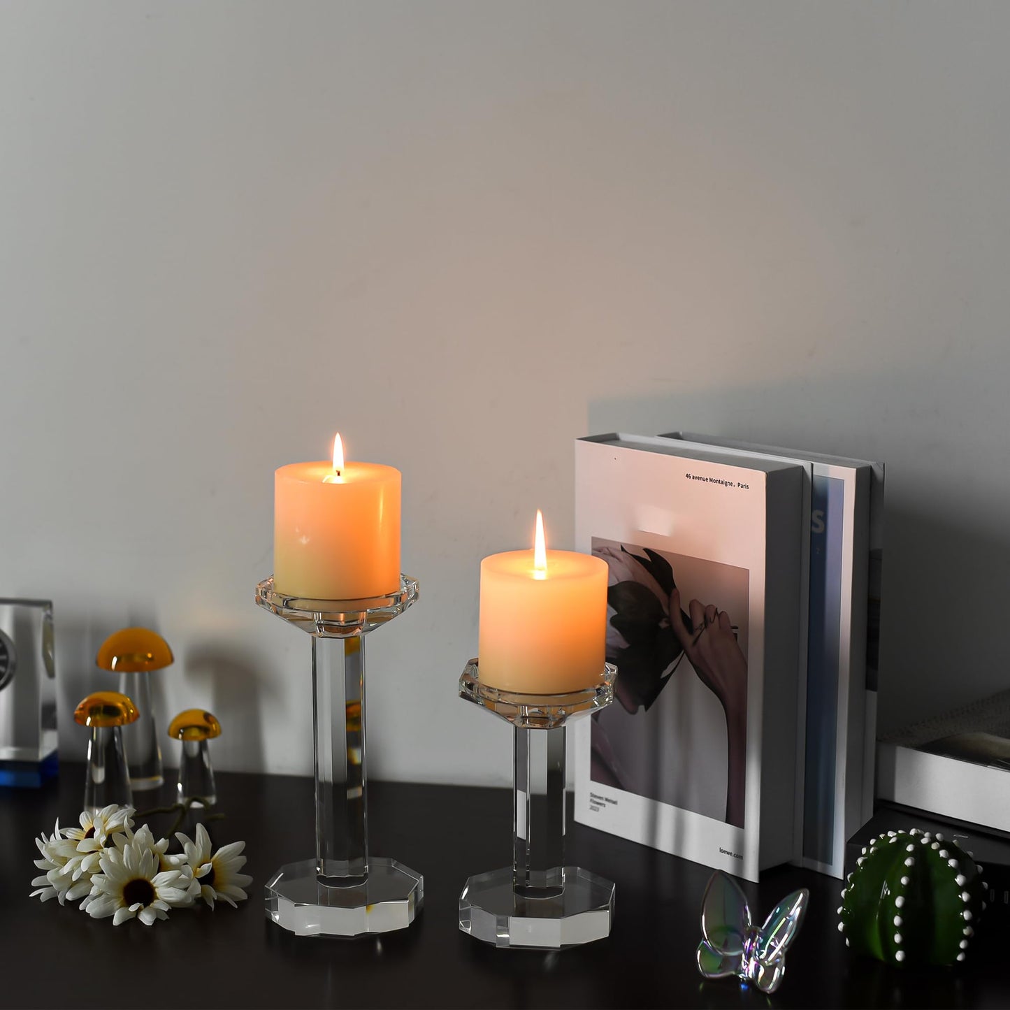 DONOUCLS Crystal Candlestick Holders Set of 2, Clear Crystal Taper or Pillar Candles Holders, Table Centerpieces for Party and Wedding Decoration(6''/8'' Tall)