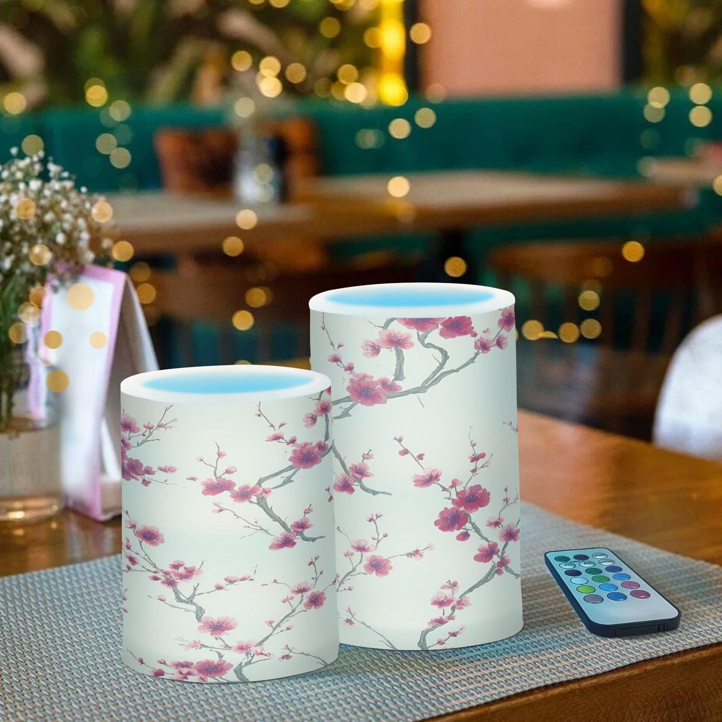 panksolu Flickering Flameless Candles, Red Cherry Blossom LED Candles with Remote Timer, Battery Operated Candle for Valentine Wedding Halloween Christmas Decor - Set of 2