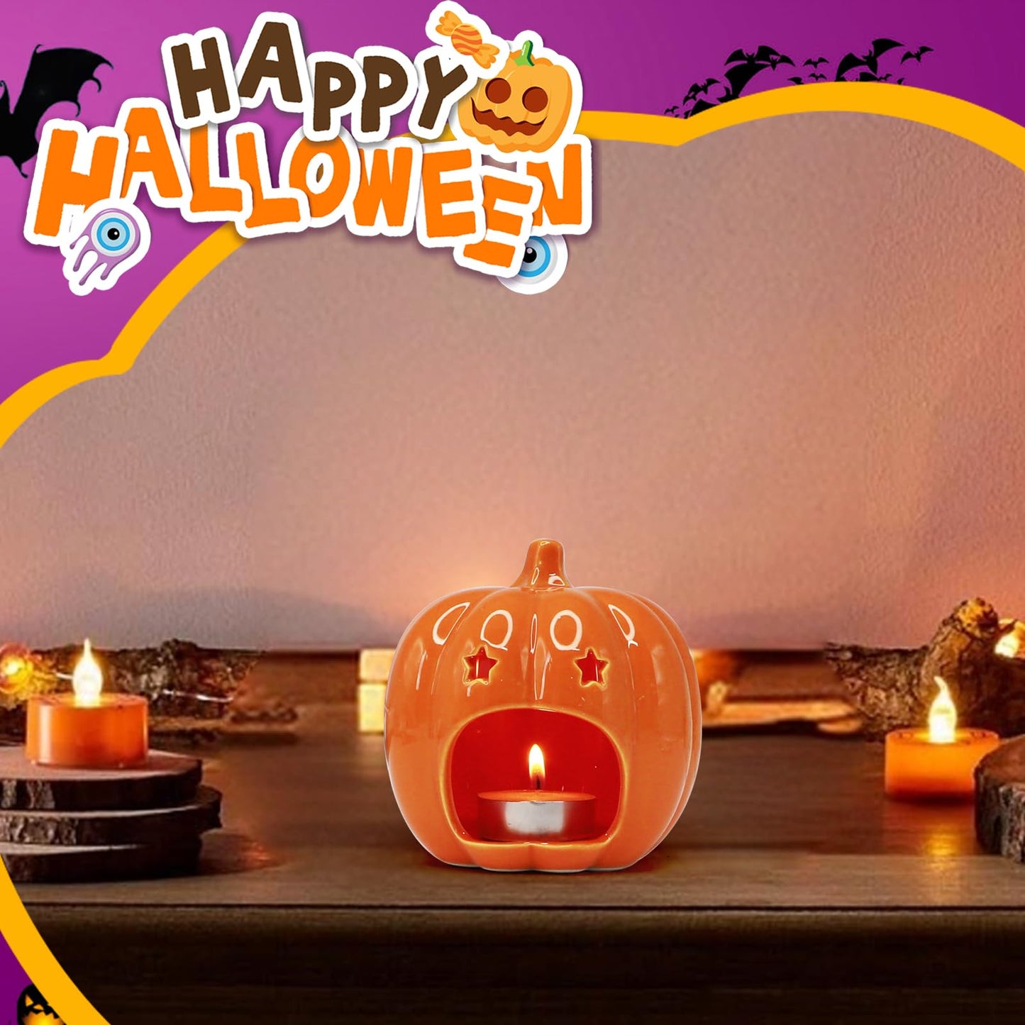 Halloween Pumpkin Candle Holder, Ceramic Candle Stick Holder with Star Hole, Orange Candle Holders for Candlesticks, Halloween Decor Gift for Daughter, Mother, Girlfriend & Kids