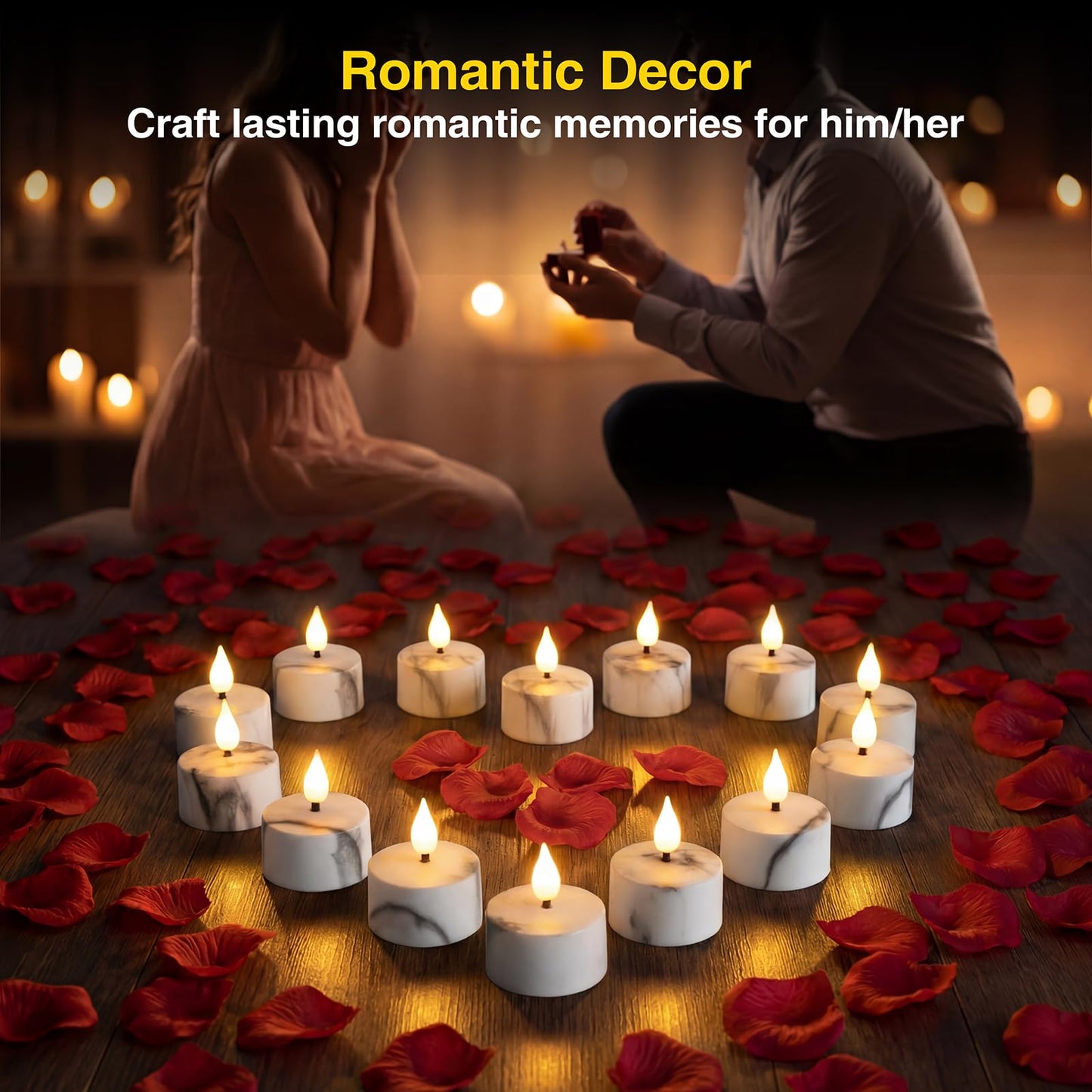 Flameless Tea Lights Candles with Charging Station,White Marble Pattern,LED Tea Lights Candles with Remote Control Timer for Valentine's Day,Centerpiece Table Decorations,Anniversary,Home Decor,6-Pack