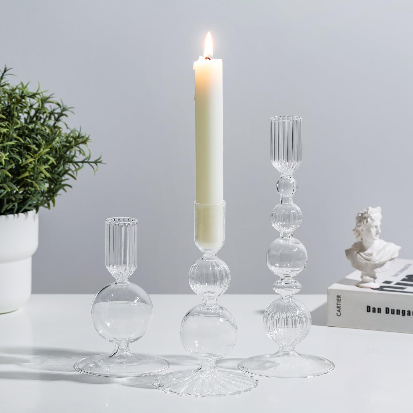 Glasseam Glass Candle Stick Holder: Clear Taper Candle Holders Set of 3 Modern Candlestick Holders for Taper Candles Decorative for Table Centerpiece Wedding Party Christmas Decorations
