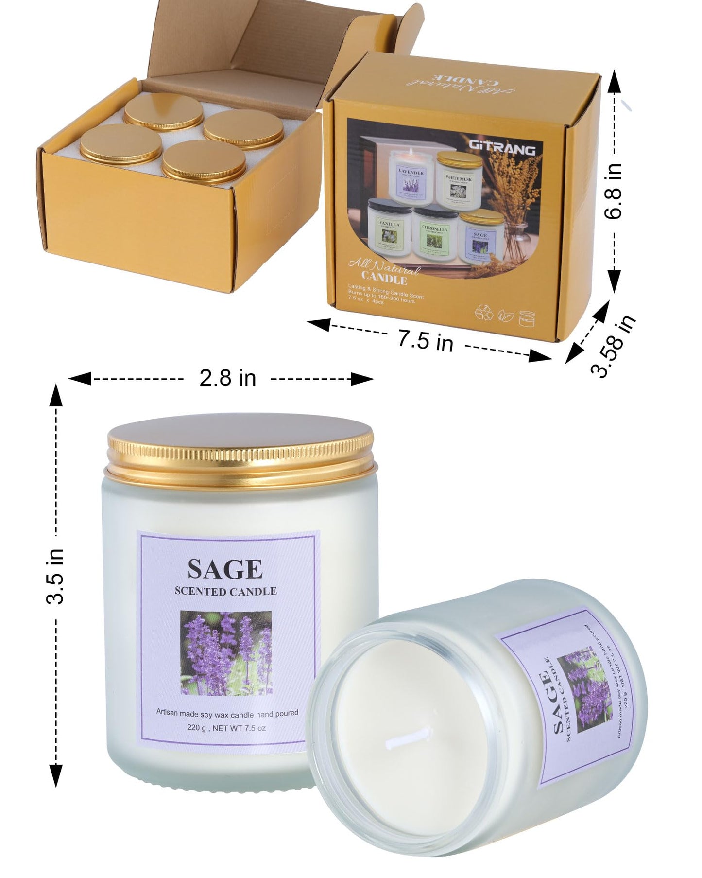 GITRANG 4 Pack Sage Candle Set, 30 oz 200 Hour Home Aromatherapy Jar Candles, Long Lasting Aromatherapy Candles for Bedrooms Yoga Rooms Lounges Gardens Patios Balconies and Camping